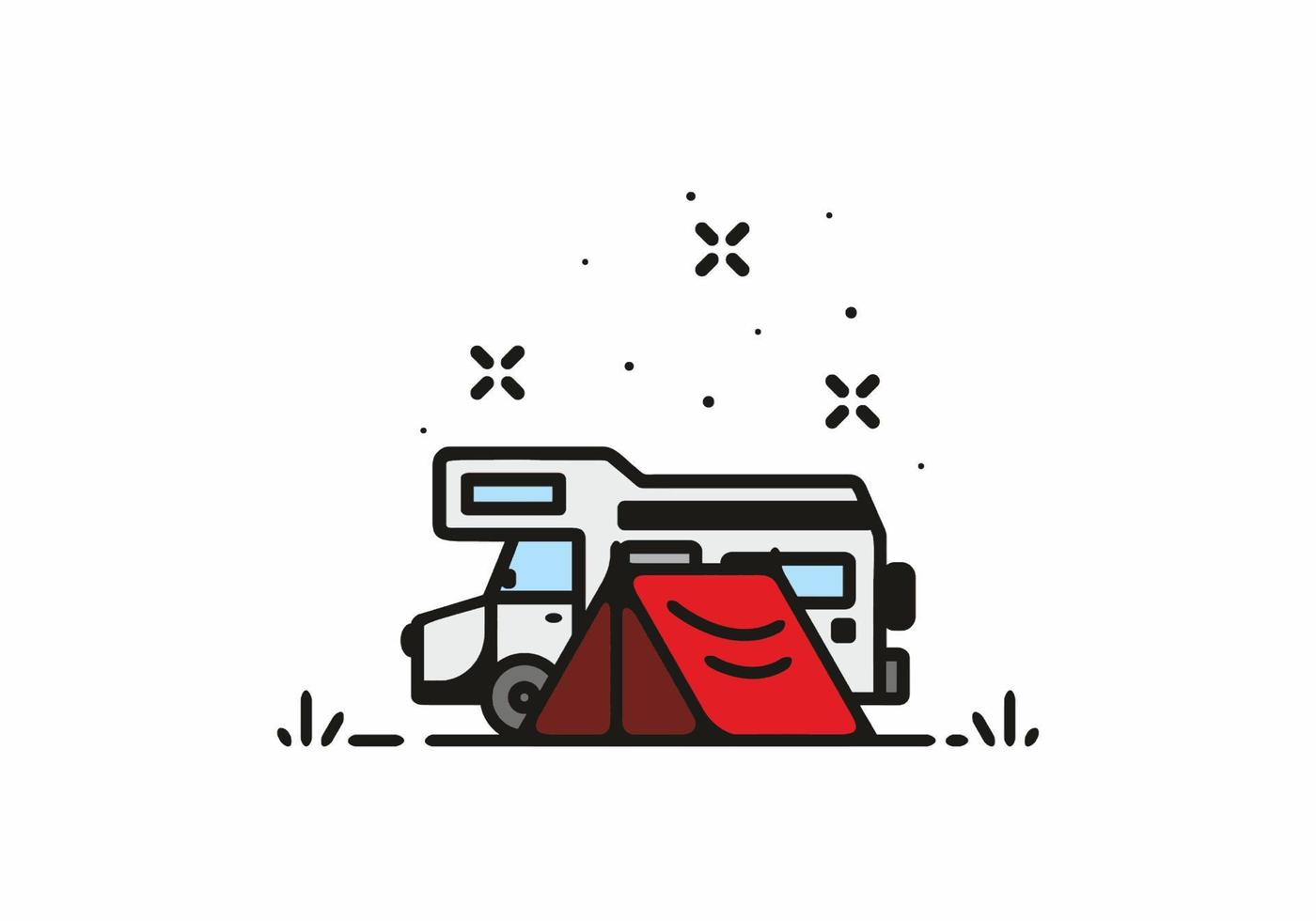 Camping with camper van line art illustration vector