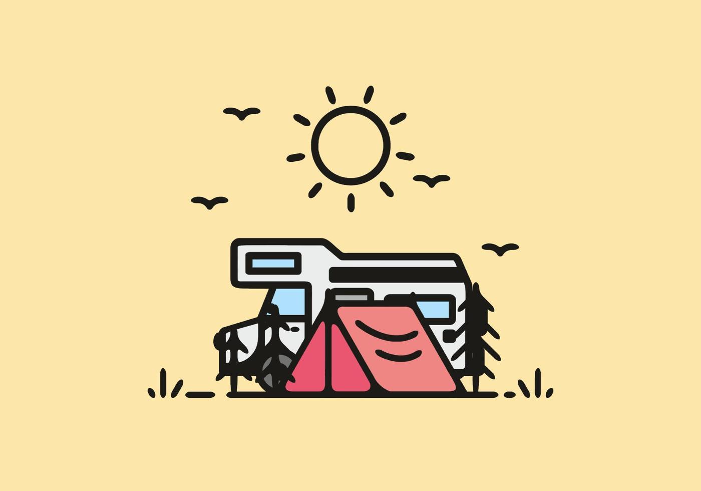 Simple camper van camping illustration vector
