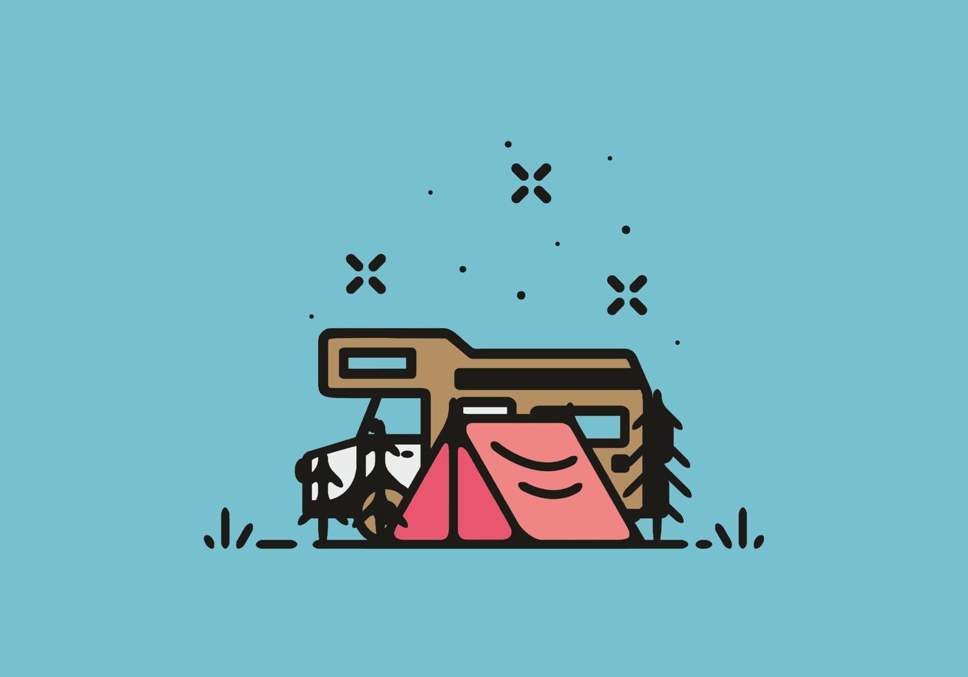 Simple camper van camping illustration vector