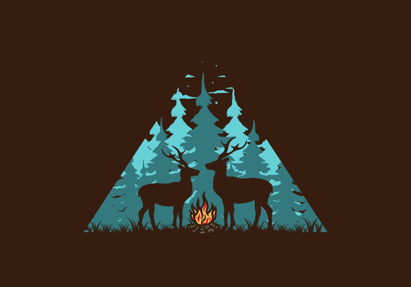 Couple deer and bonfire illustration vector