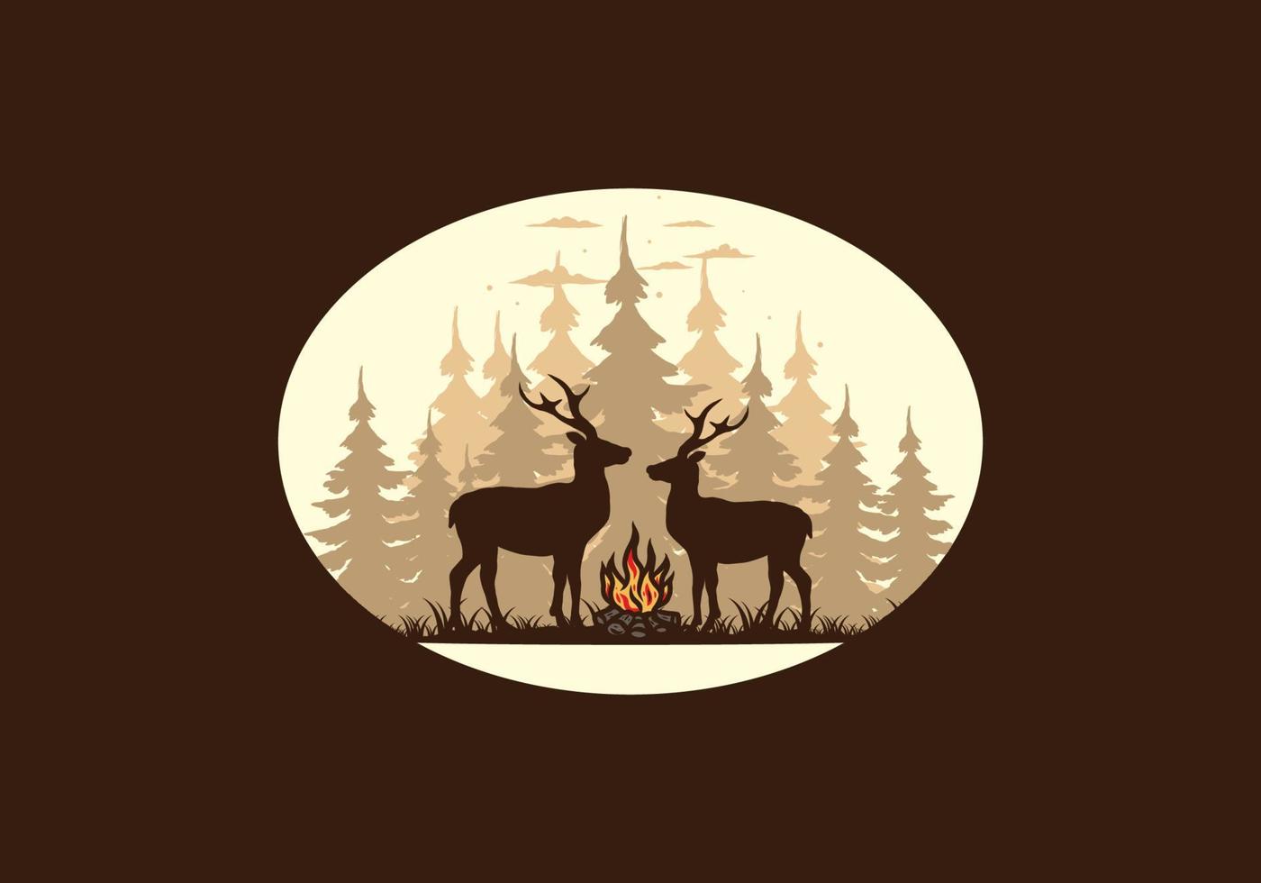 Couple deer and bonfire illustration vector