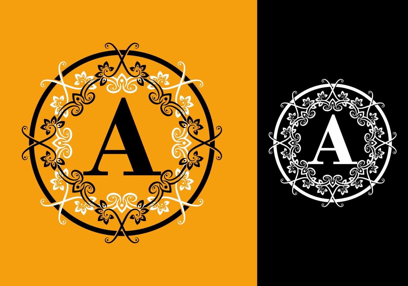 Orange black of A initial letter in circle ornament frame vector
