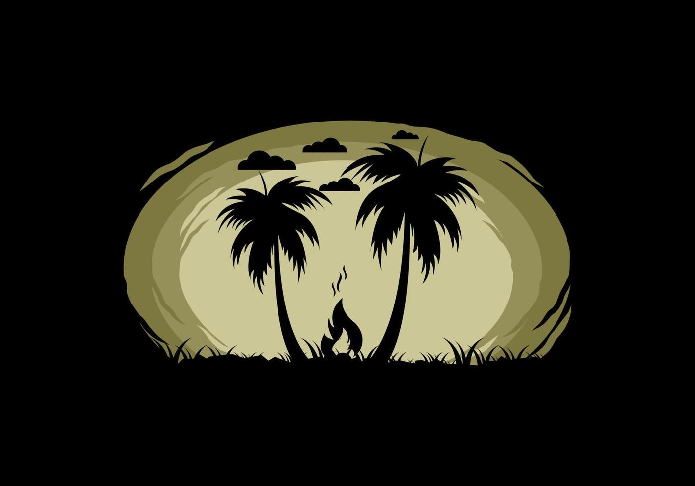 Silhouette of bonfire and coconut trees on the beach vector