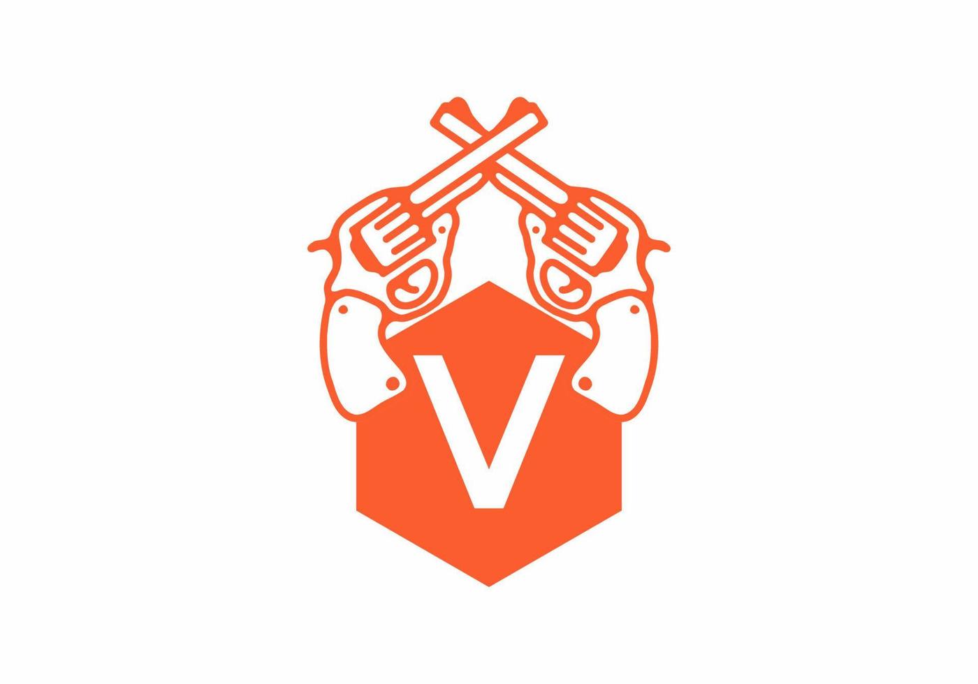 Two guns line art illustration with V initial letter vector