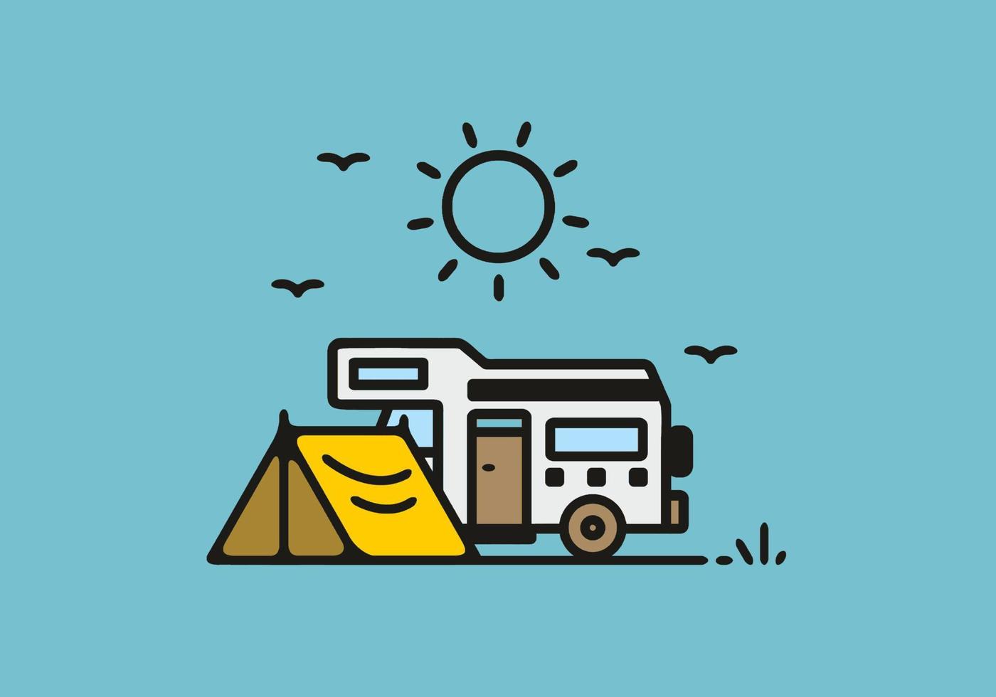 Camping with camper van line art illustration vector