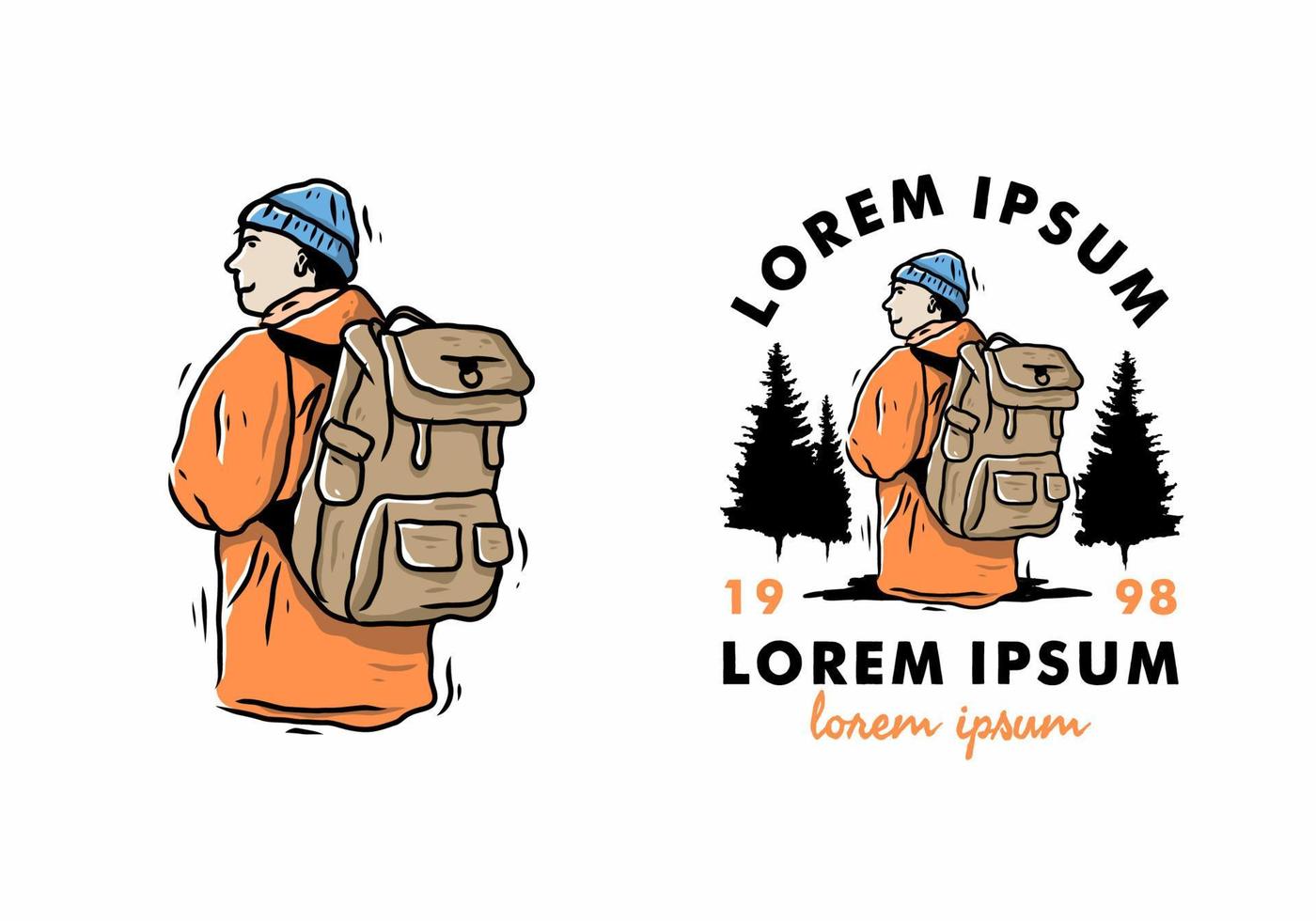 montañero, hombre, llevando, naranja, chaqueta, ilustración, dibujo vector