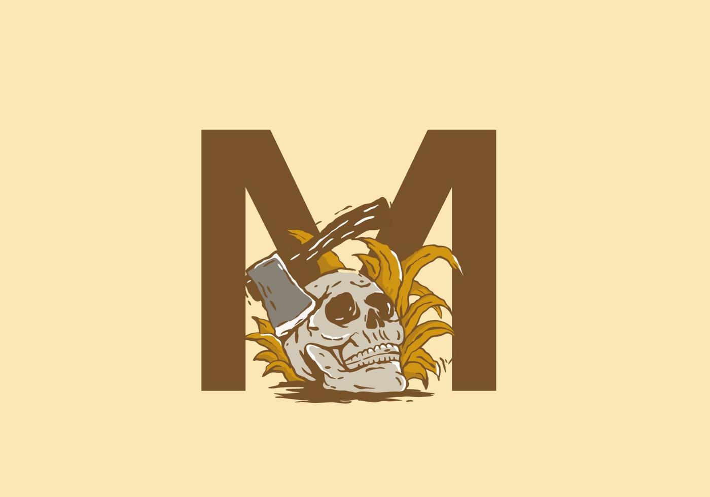 Skeleton head and ax illustration drawing with M initial letter vector