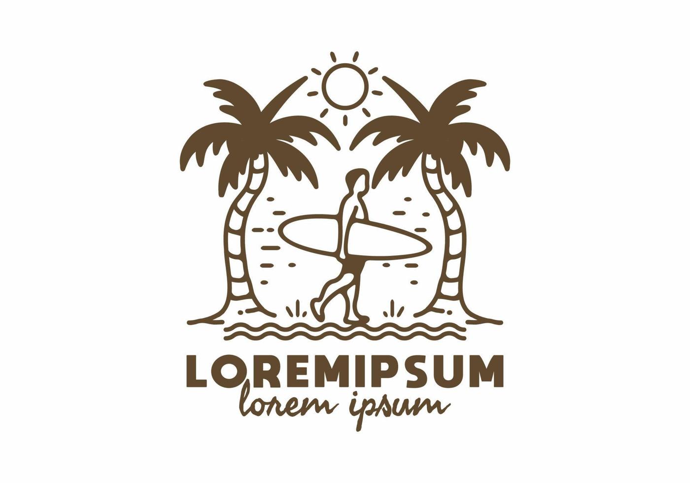Surfer and coconut tree line art with lorem ipsum text vector