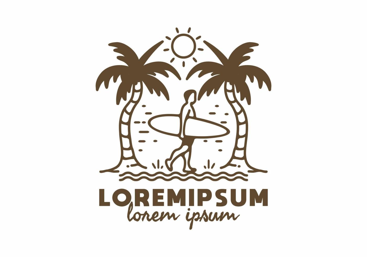 arte de línea de surfista y cocotero con texto de lorem ipsum vector