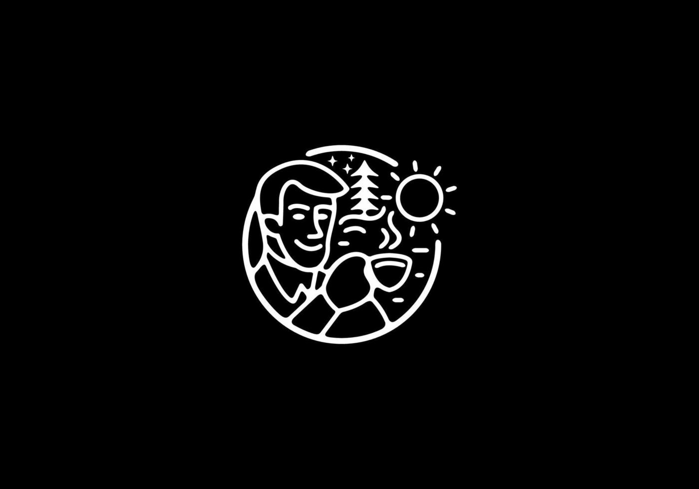 White and black illustration of man drink a cup of coffee vector