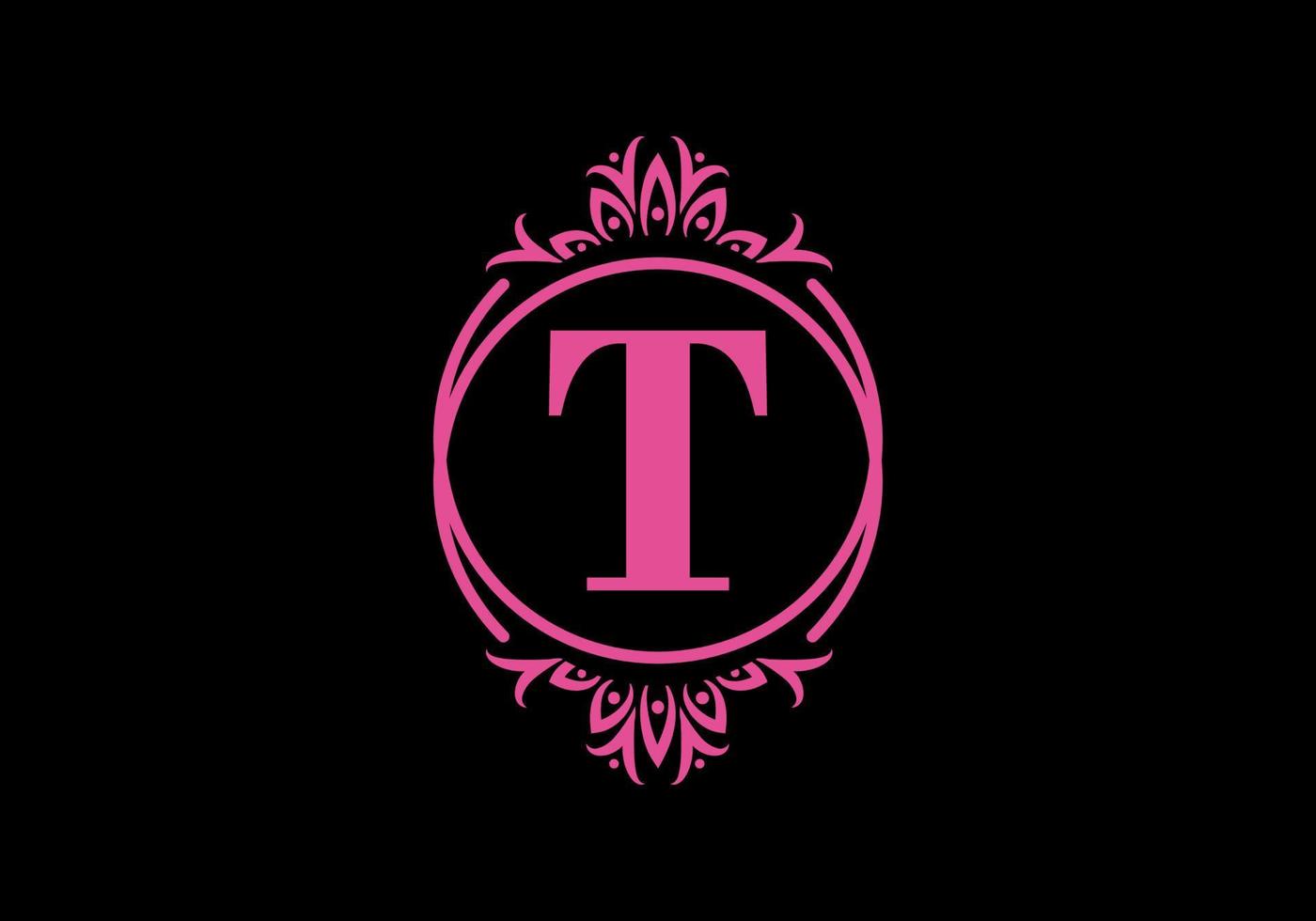 Pink black of T initial letter in classic frame vector