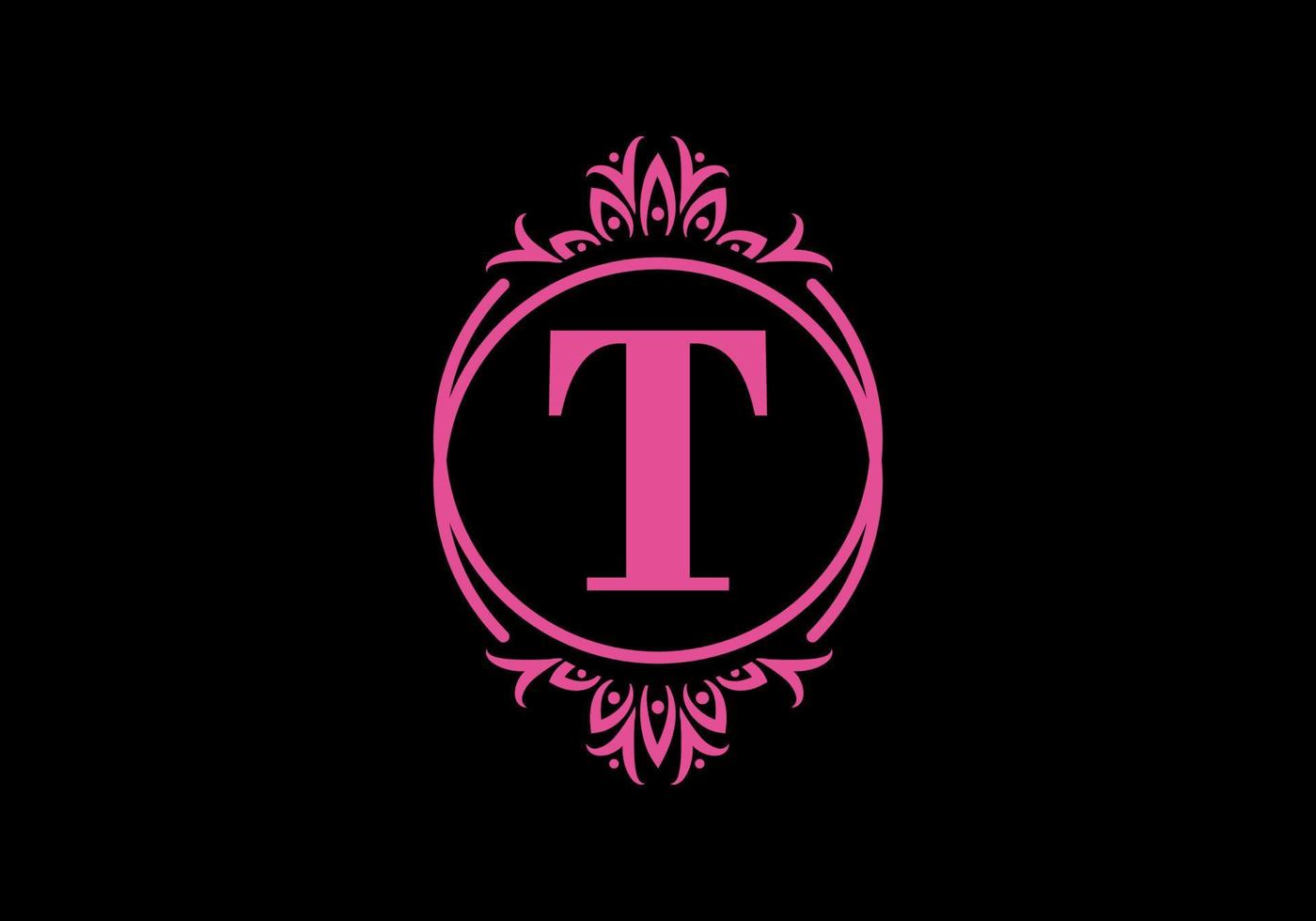 Pink black of T initial letter in classic frame vector