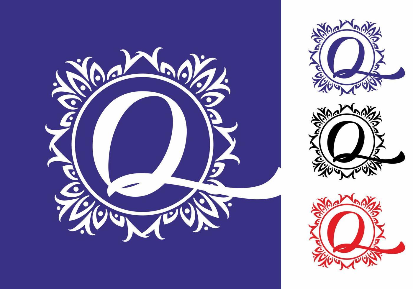 Purple white Q initial letter in circle classic frame vector