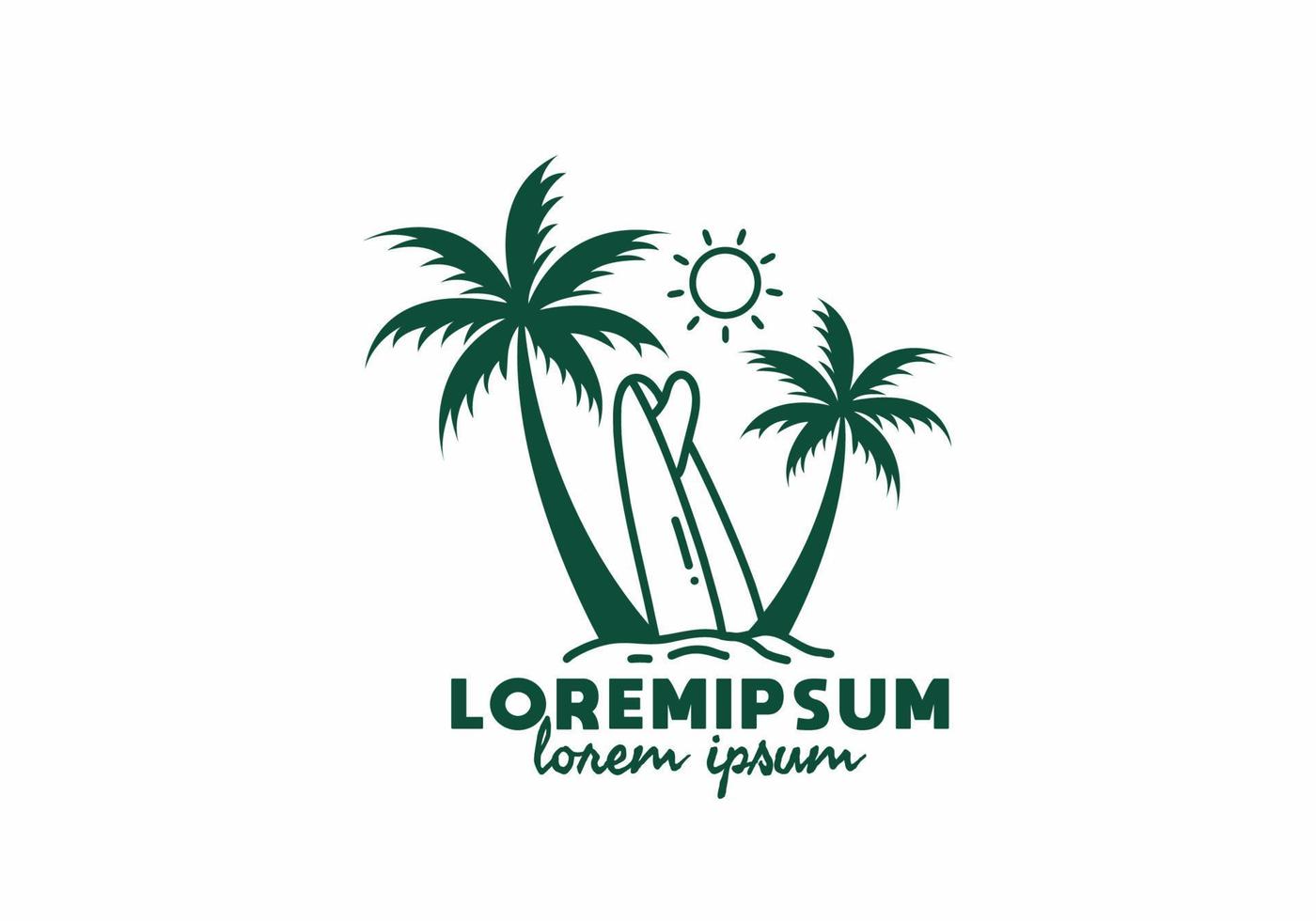 arte lineal de tablas de surf y cocoteros con texto de lorem ipsum vector