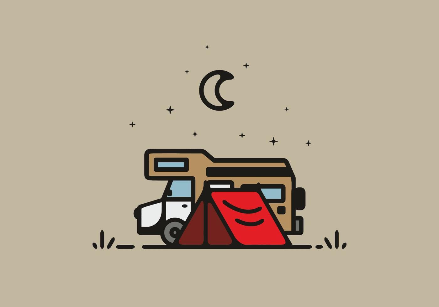 Camping with camper van line art illustration vector