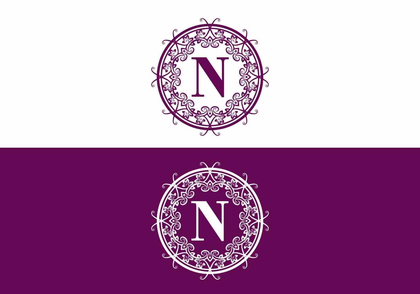 Purple white of N initial letter in circle classic frame vector
