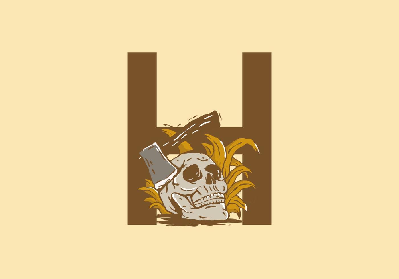 Skeleton head and ax illustration drawing with H initial letter vector