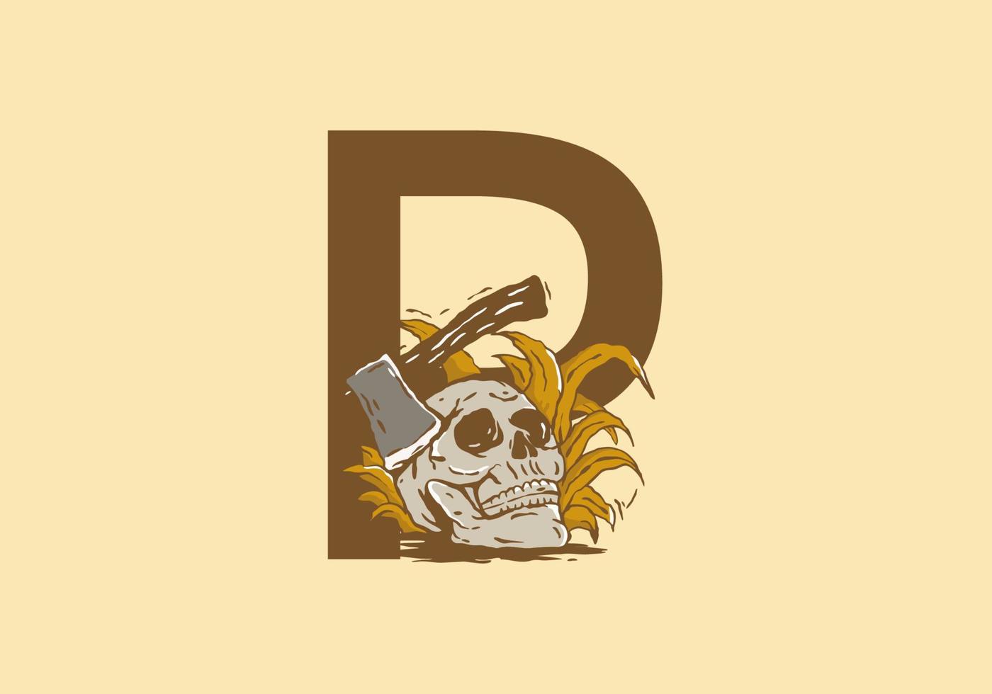 Skeleton head and ax illustration drawing with P initial letter vector