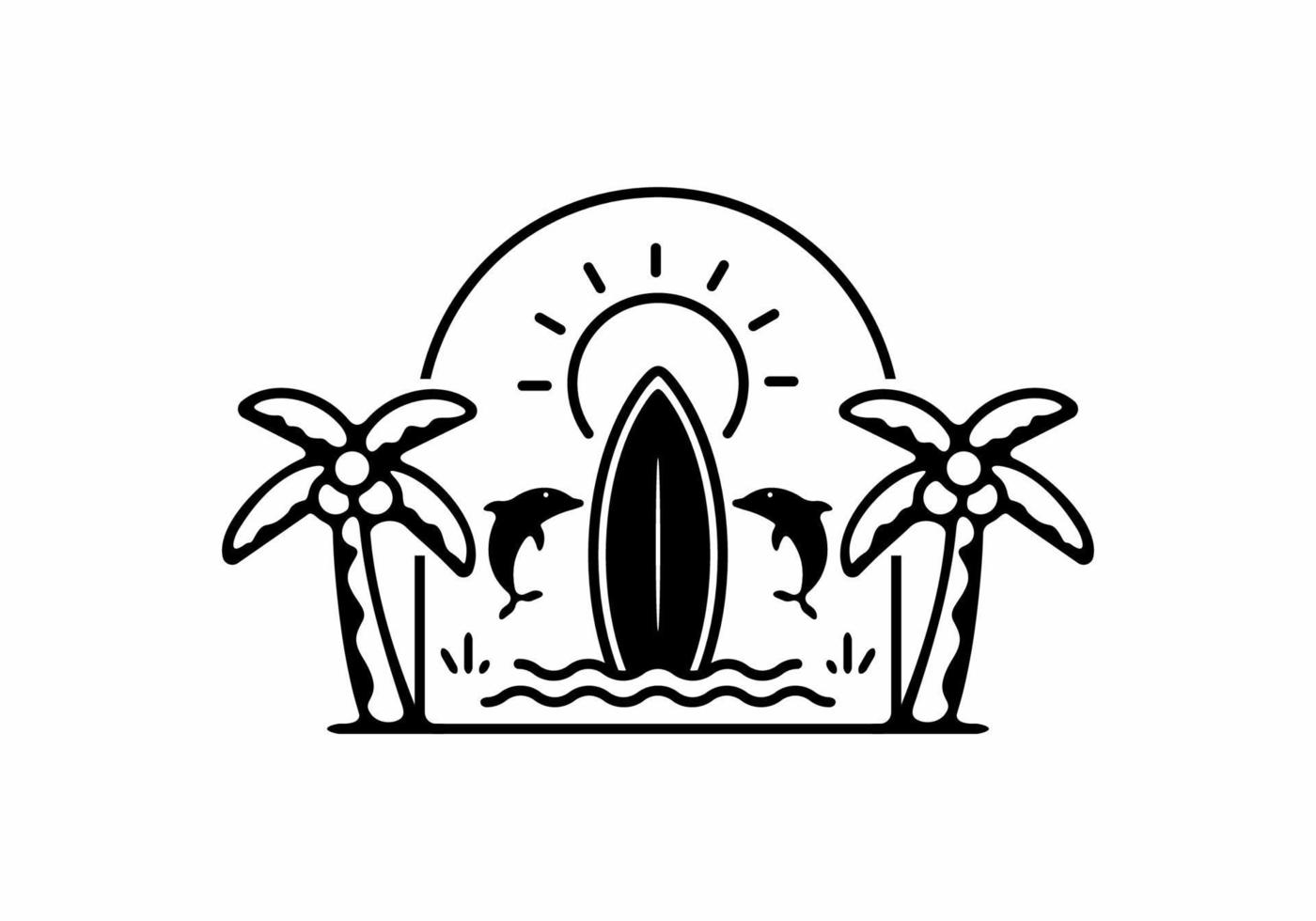Surfing board and dolphins badge line art vector