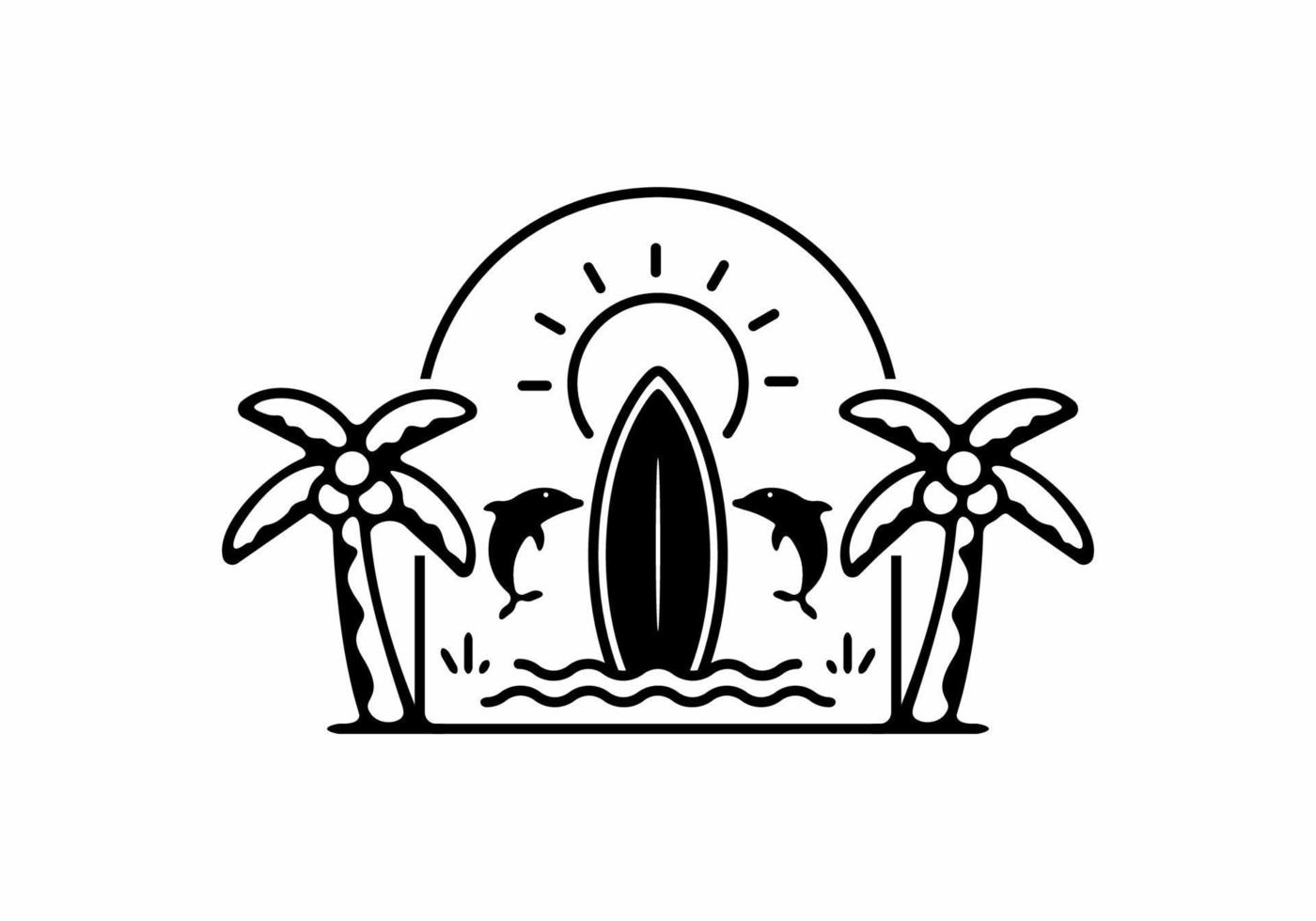 Surfing board and dolphins badge line art vector