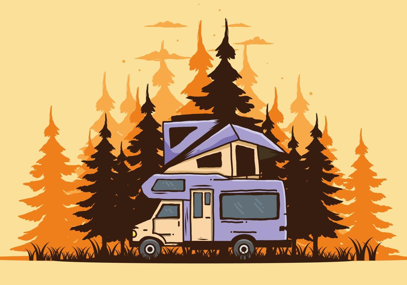 Car roof camping in the jungle illustration vector