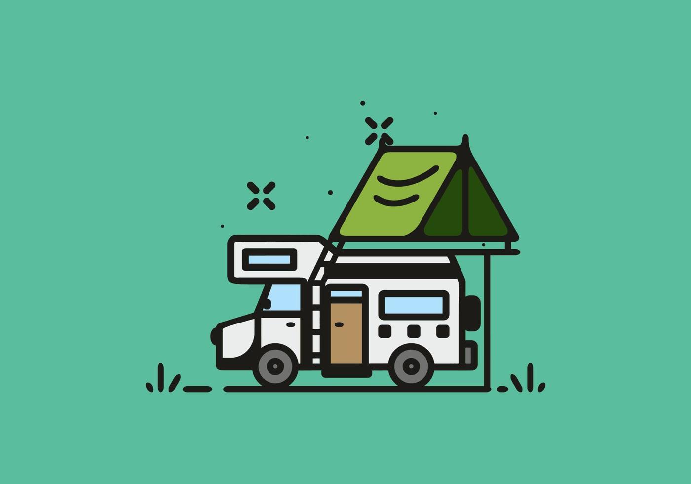 Camping with camper van line art illustration vector