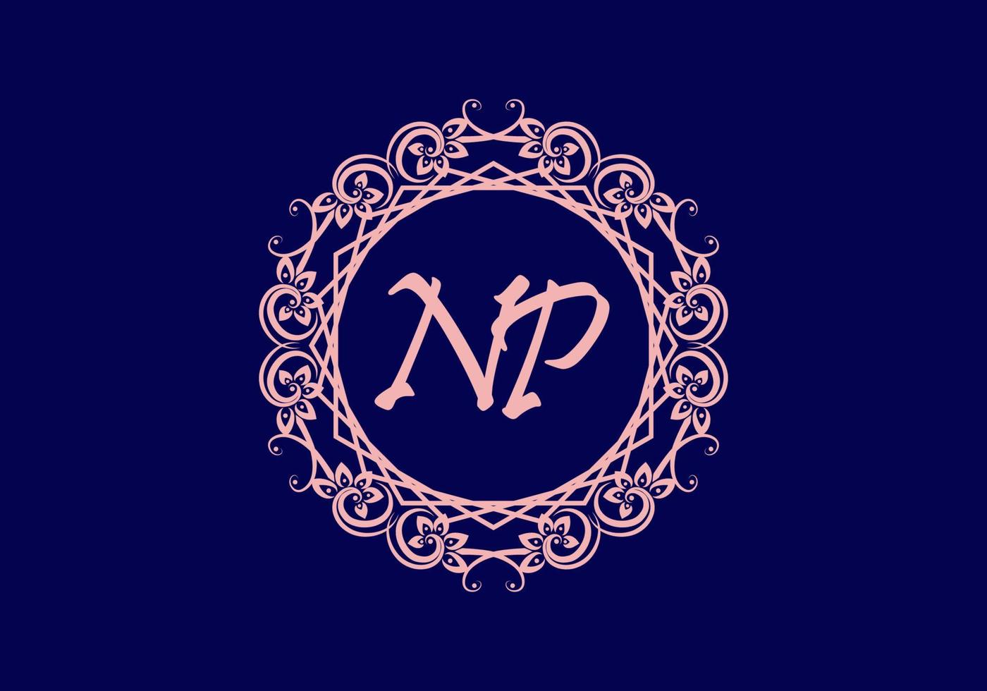 NP initial letter in vintage circle frame vector