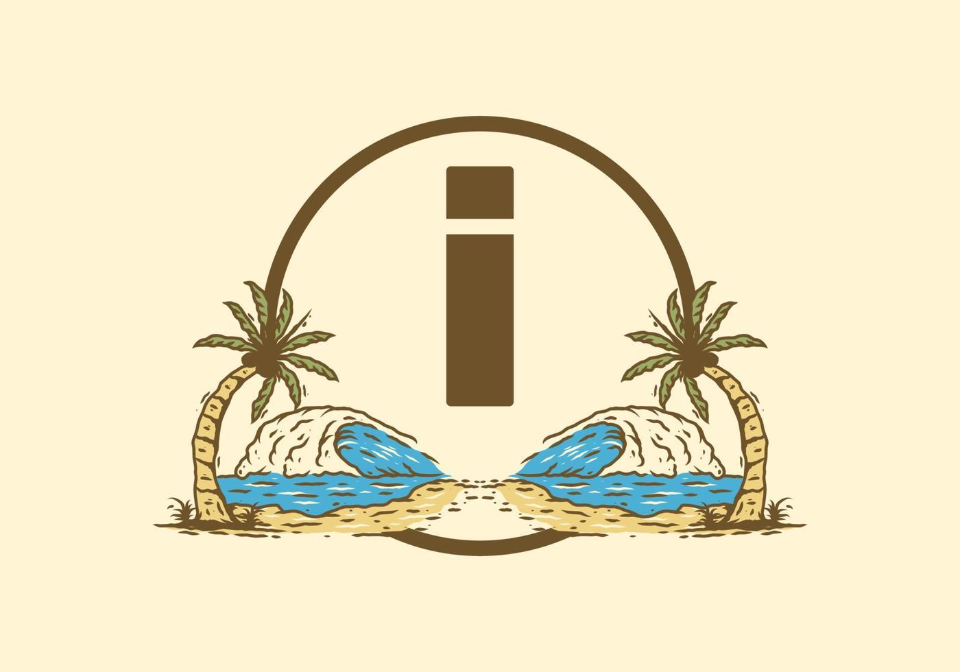 Sea wave and coconut tree line art drawing with I initial letter vector