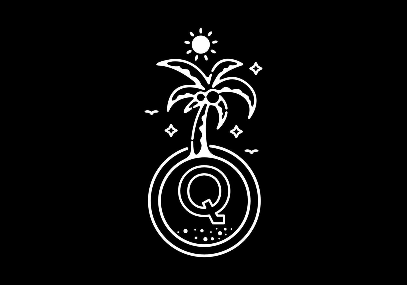 White black line art illustration of coconut tree in the beach with Q initial letter vector