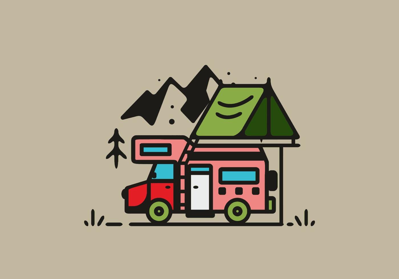 Camping with camper van line art illustration vector