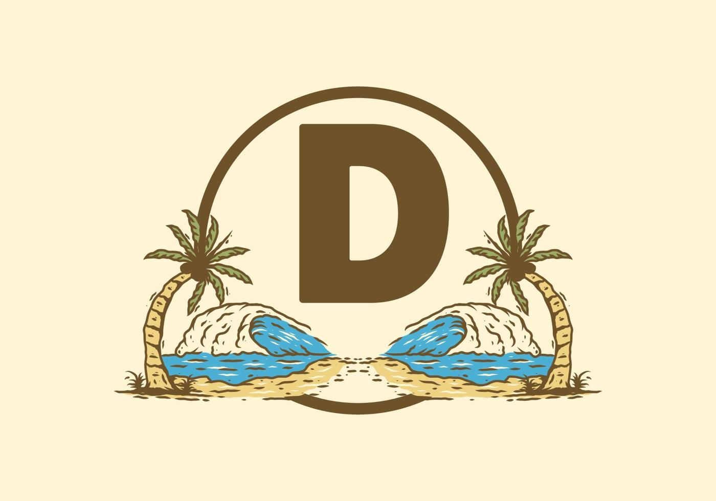 Sea wave and coconut tree line art drawing with D initial letter vector