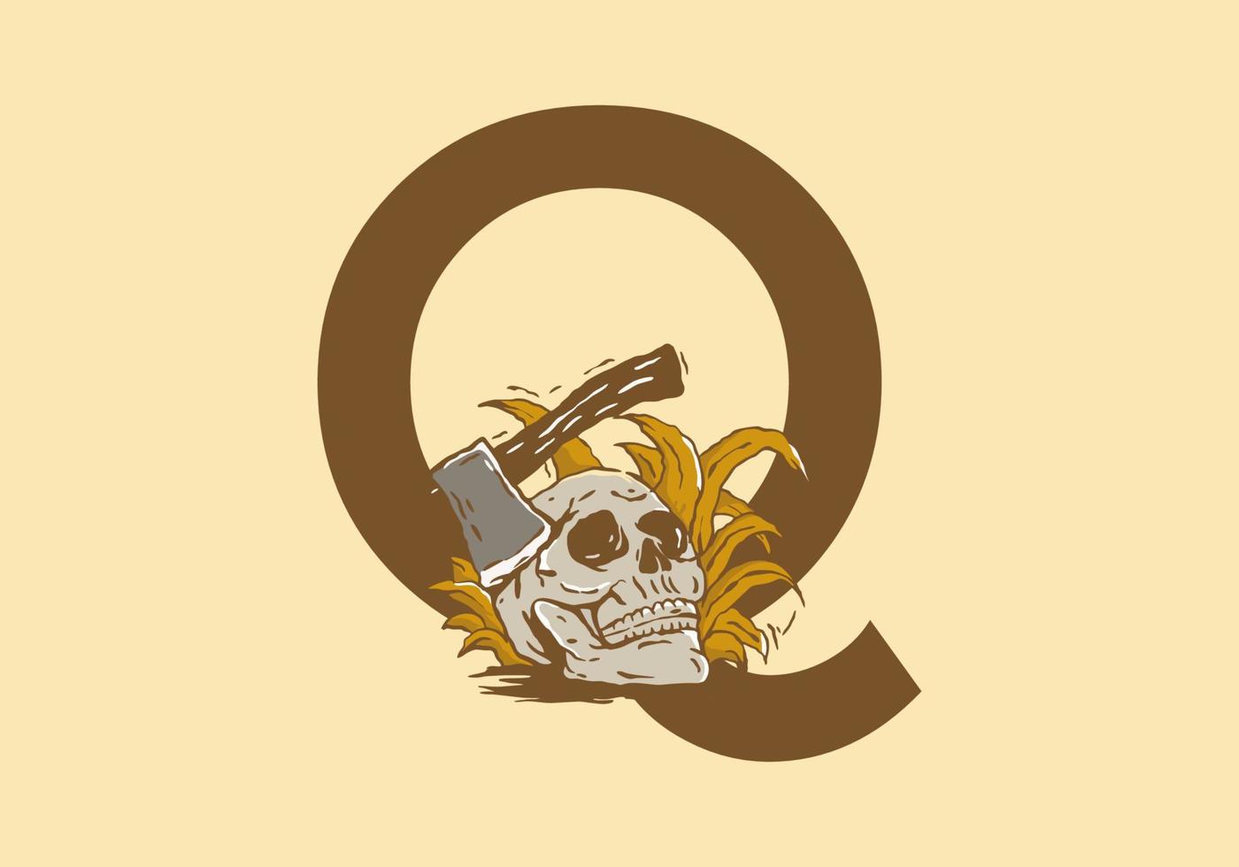 Skeleton head and ax illustration drawing with Q initial letter vector