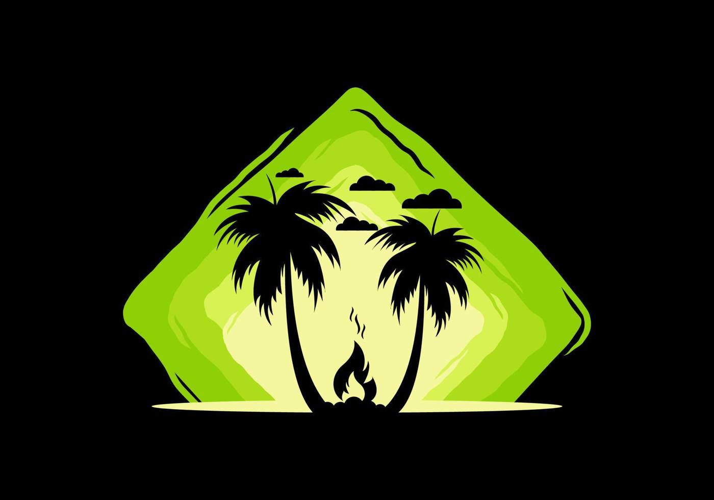 Silhouette of bonfire and coconut trees on the beach vector