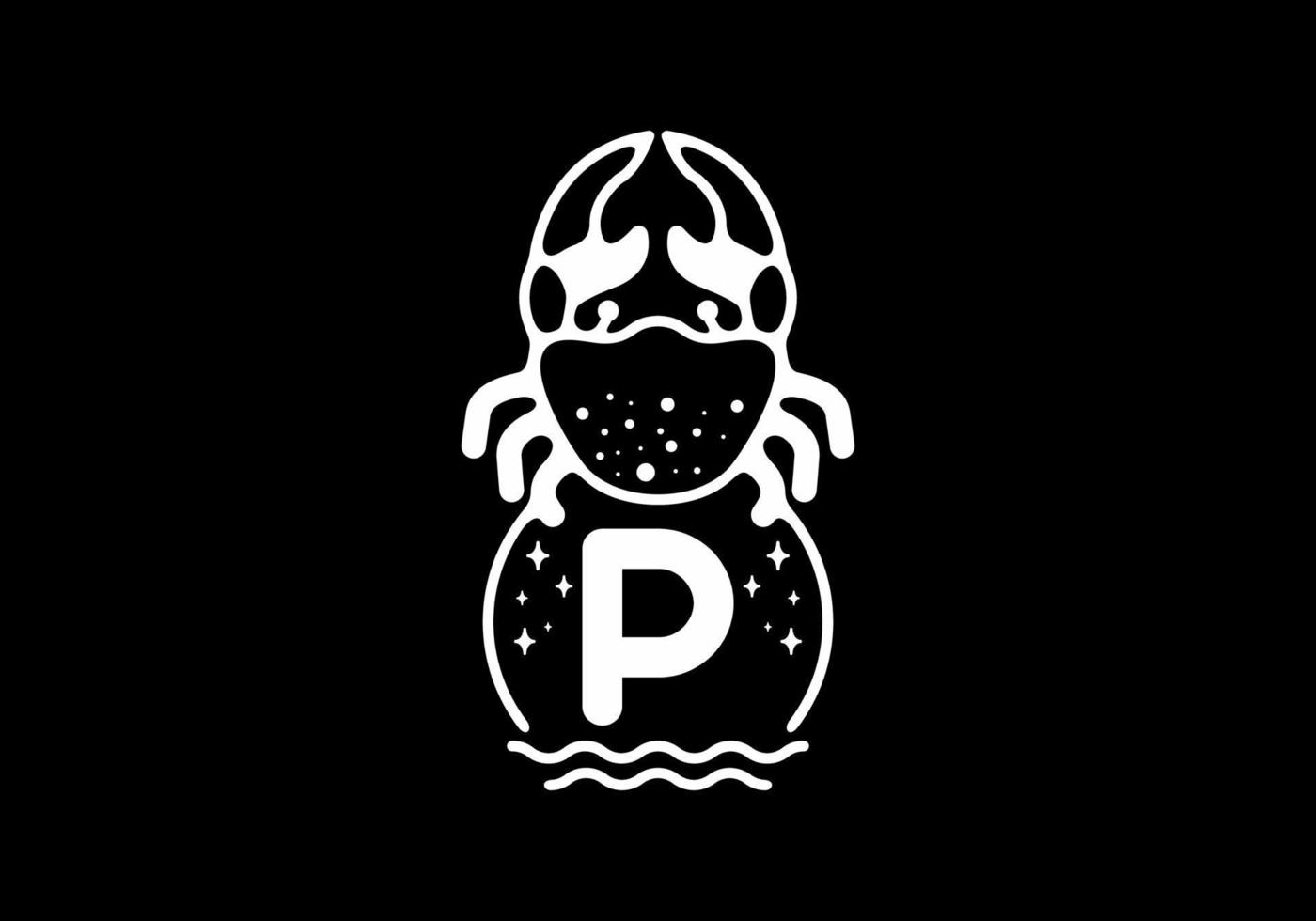 White black crab line art with P initial letter vector