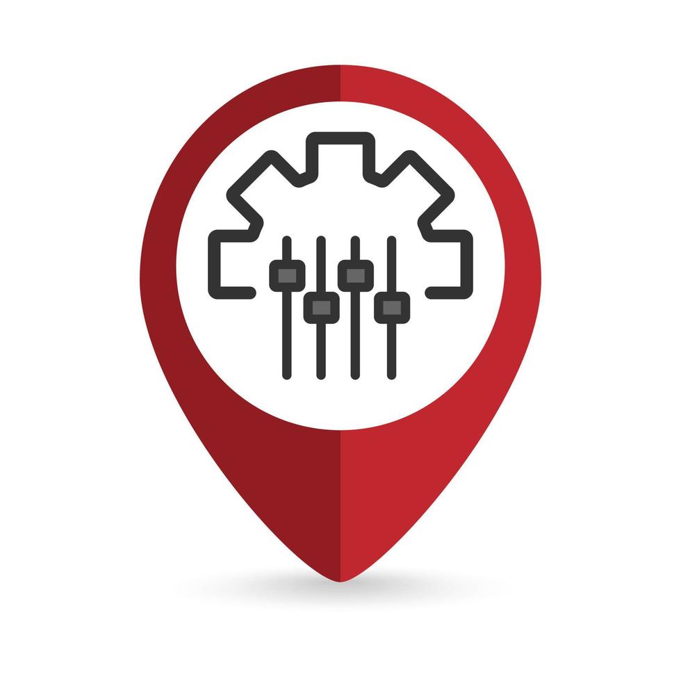 Red pin location with gear icon inside. Vector illustration.