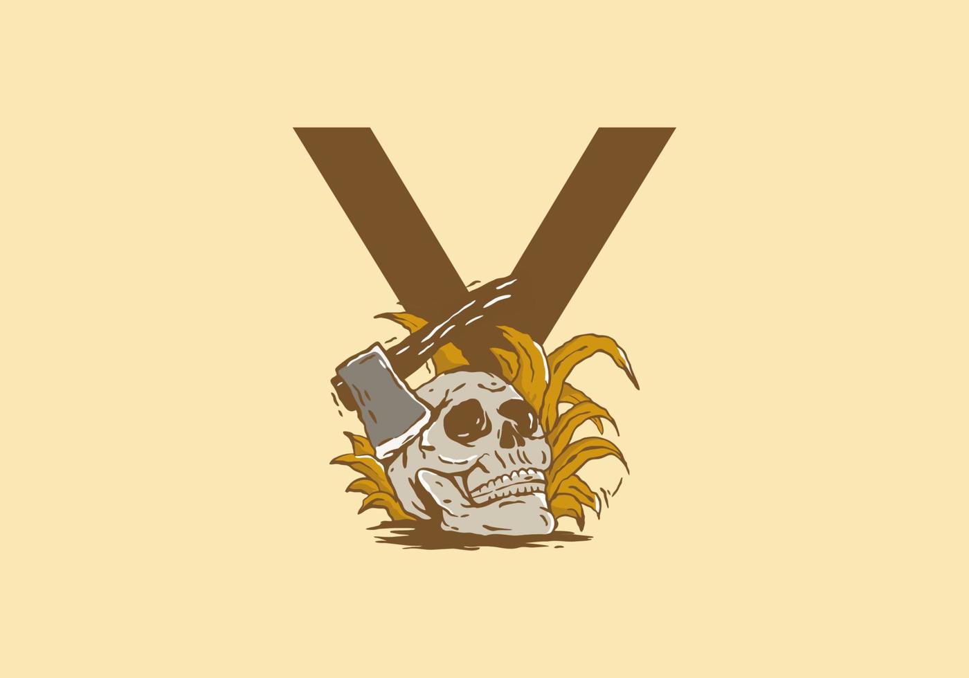 Skeleton head and ax illustration drawing with Y initial letter vector