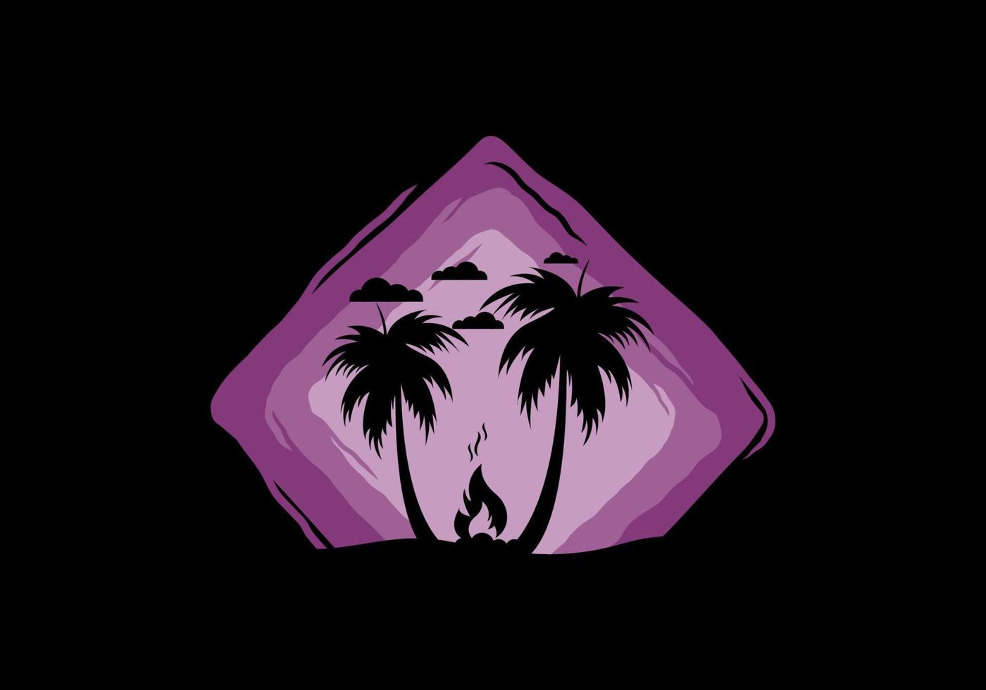 Silhouette of bonfire and coconut trees on the beach vector