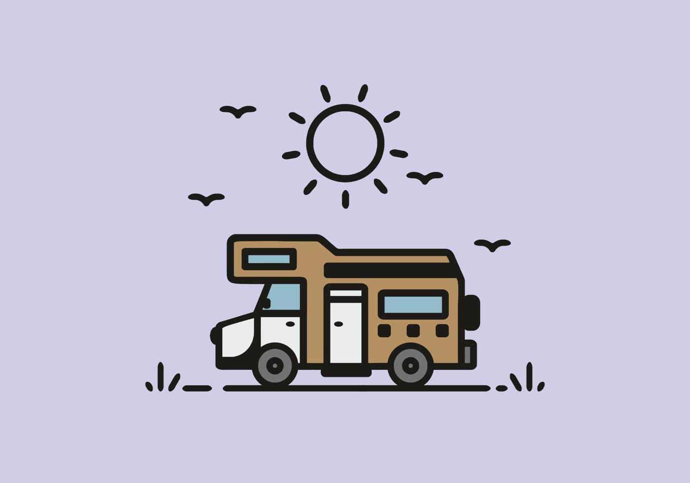 Camping with camper van line art illustration vector