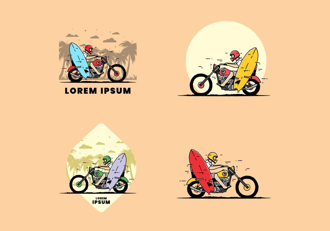 andar en motocicleta con ilustración de tabla de surf vector