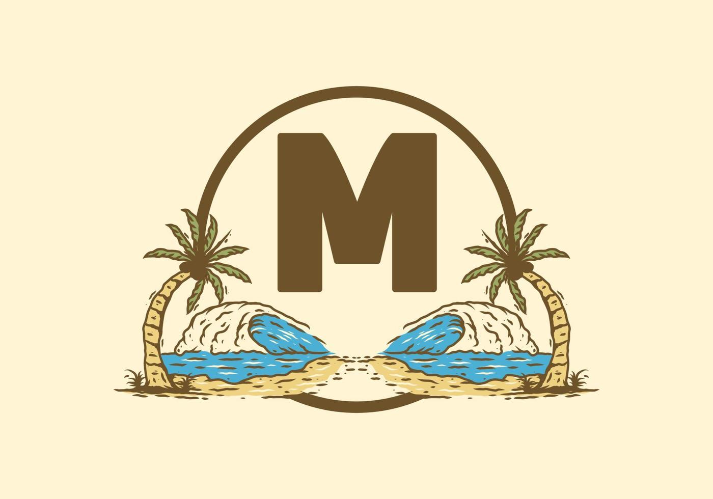 Sea wave and coconut tree line art drawing with M initial letter vector