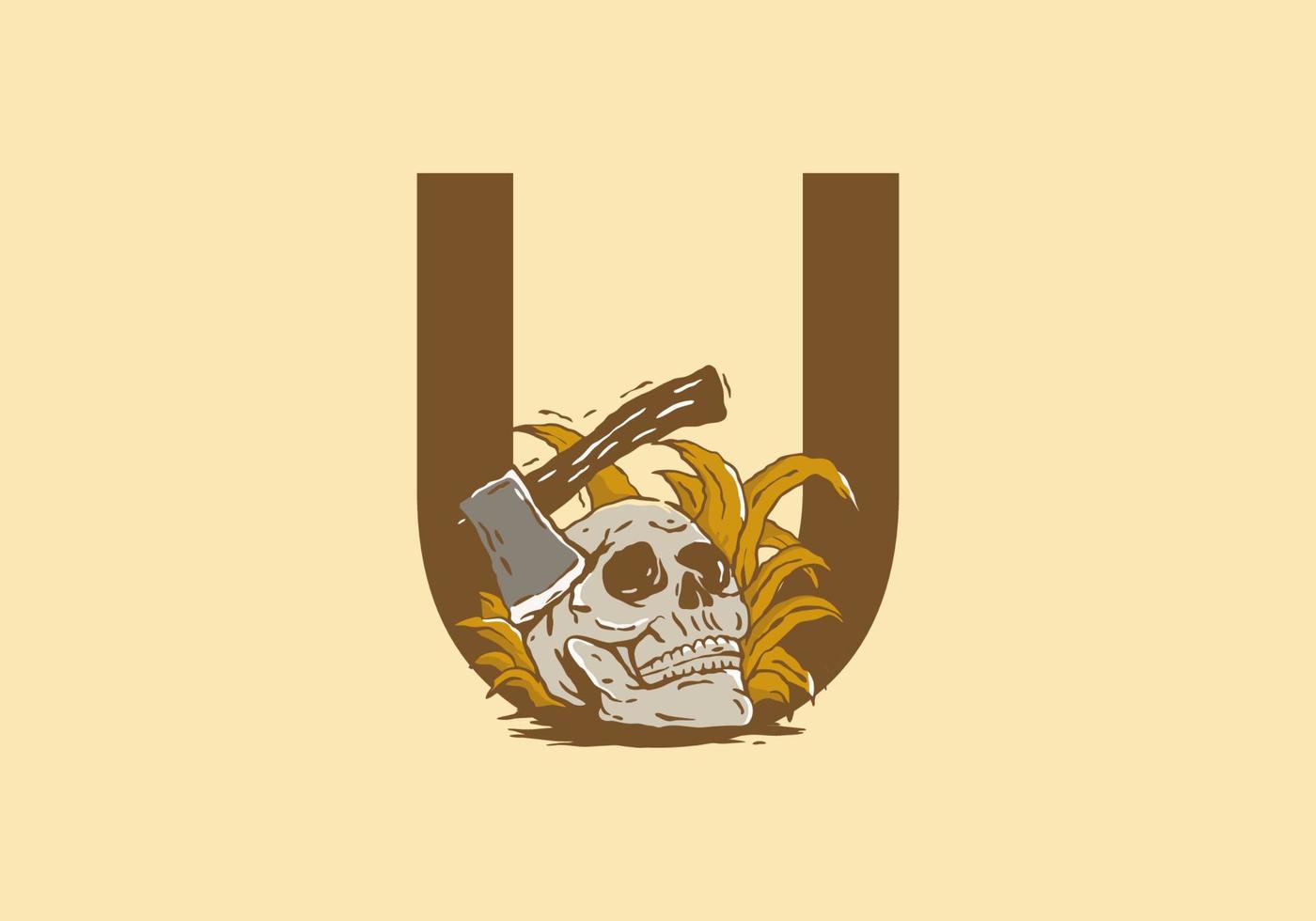 Skeleton head and ax illustration drawing with U initial letter vector