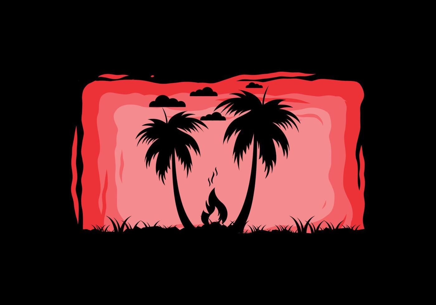 Silhouette of bonfire and coconut trees on the beach vector