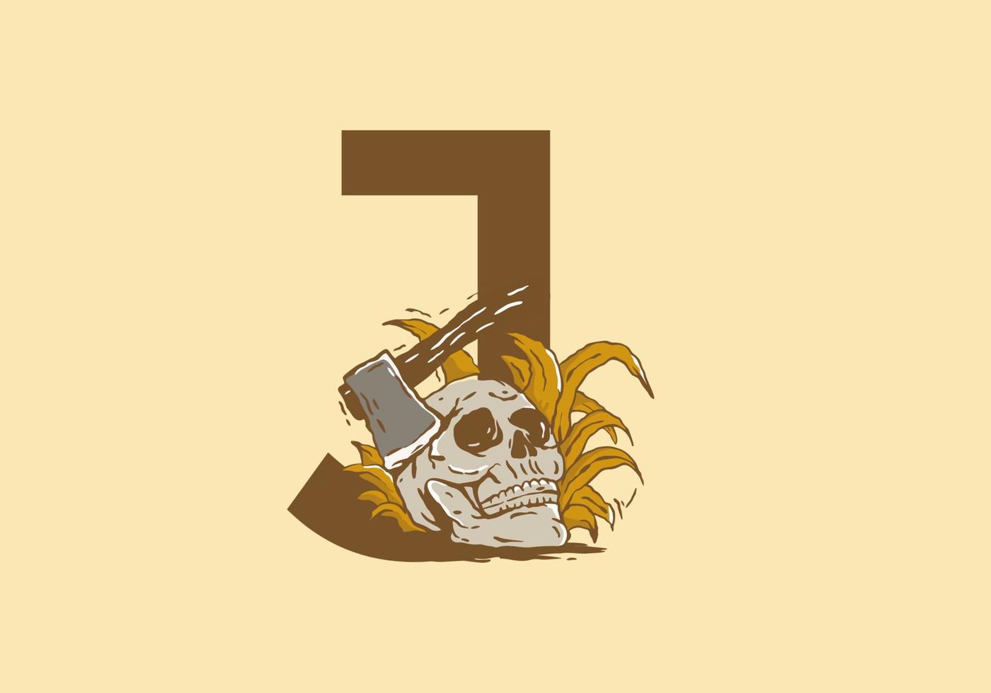 Skeleton head and ax illustration drawing with J initial letter vector