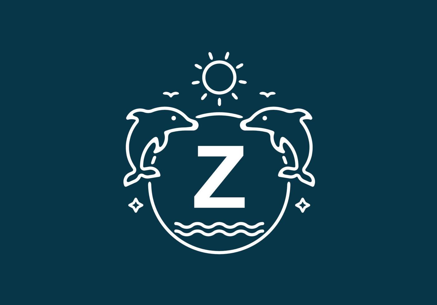 White blue color of Z initial letter in dolphin and ocean frame vector