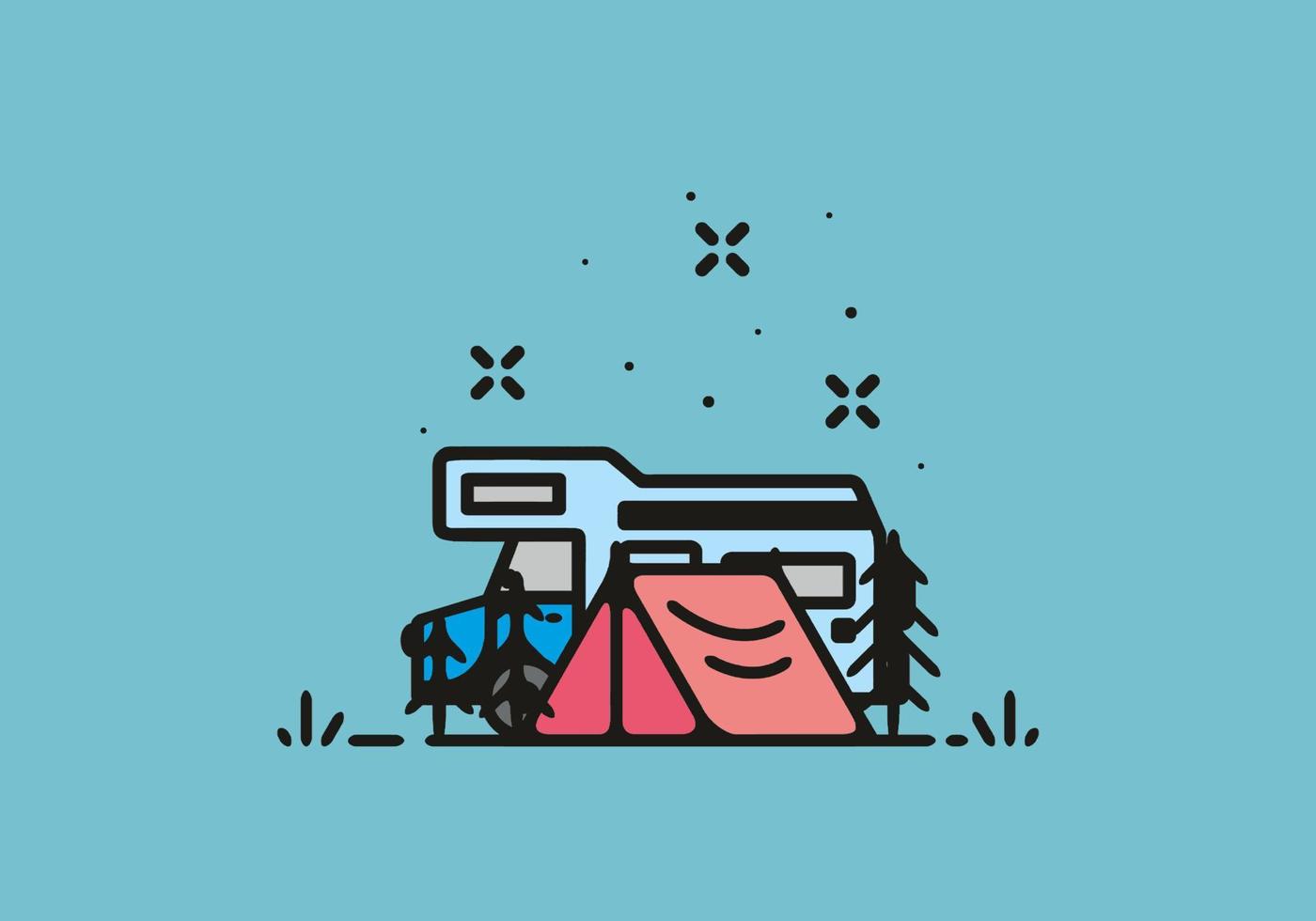 Camping with camper van line art illustration vector