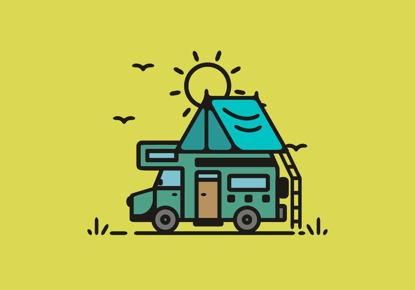 Camping with camper van line art illustration vector