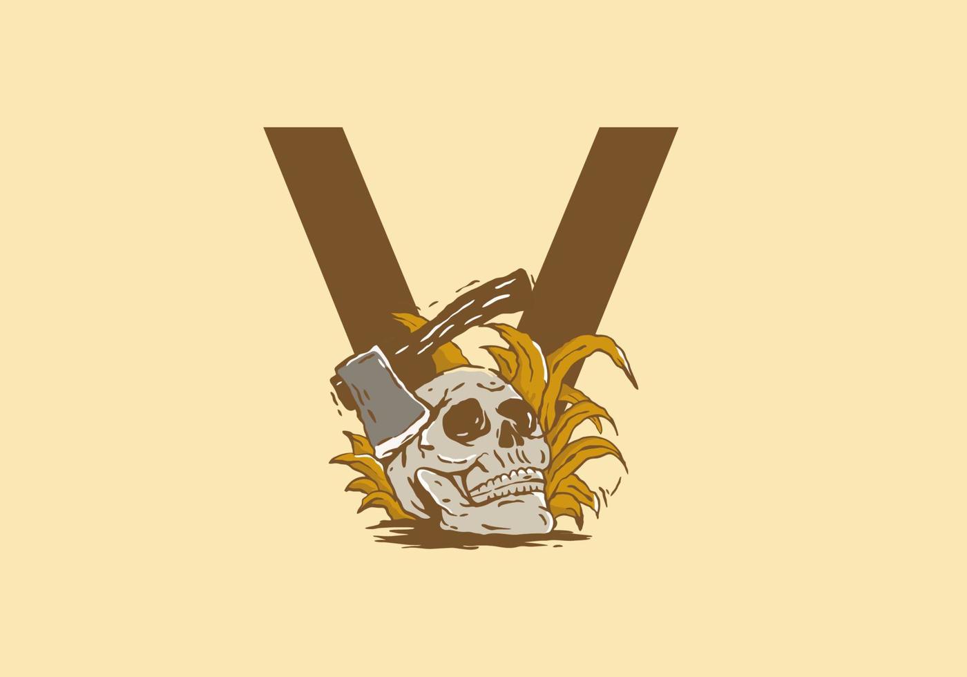 dibujo de ilustración de cabeza de esqueleto y hacha con letra inicial v vector