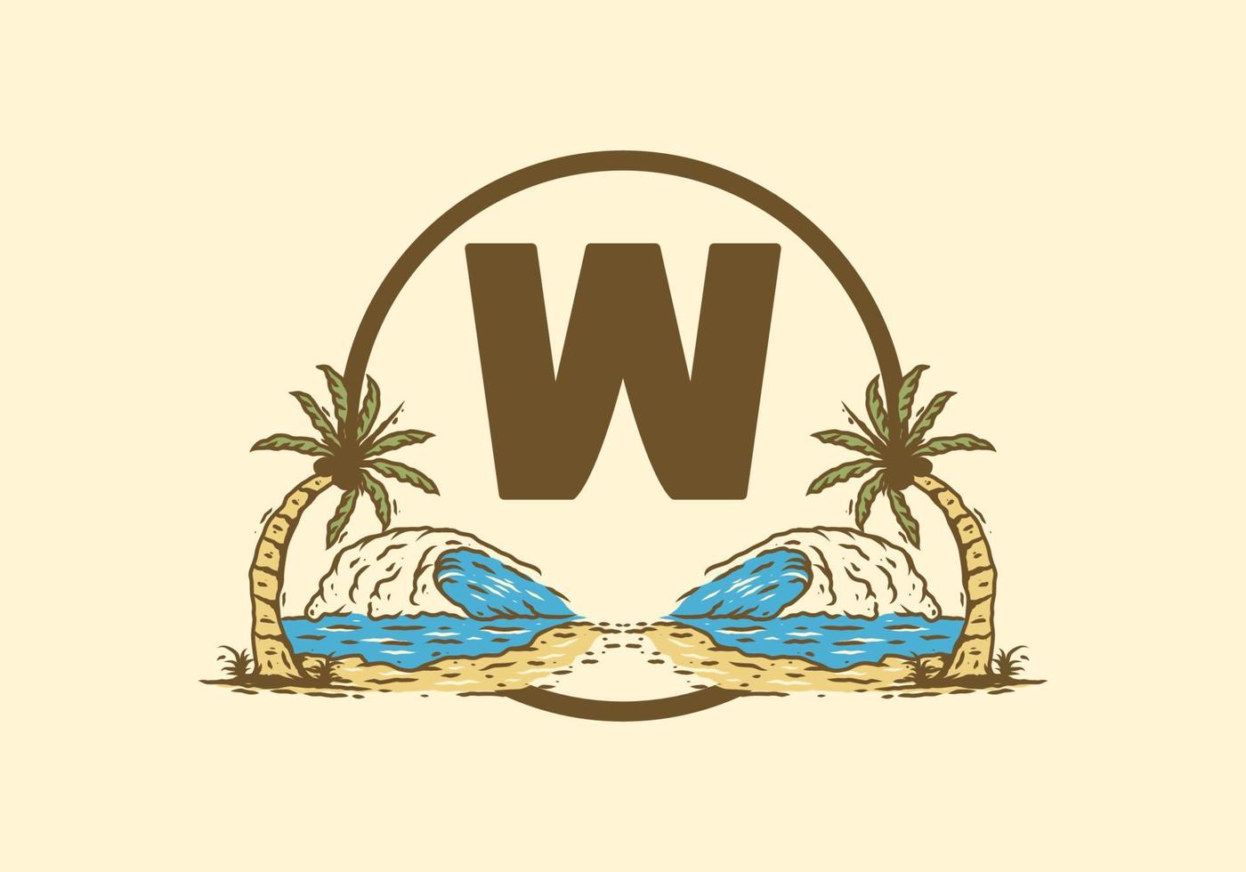 Sea wave and coconut tree line art drawing with W initial letter vector