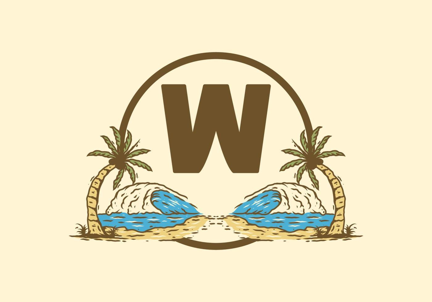 Sea wave and coconut tree line art drawing with W initial letter vector