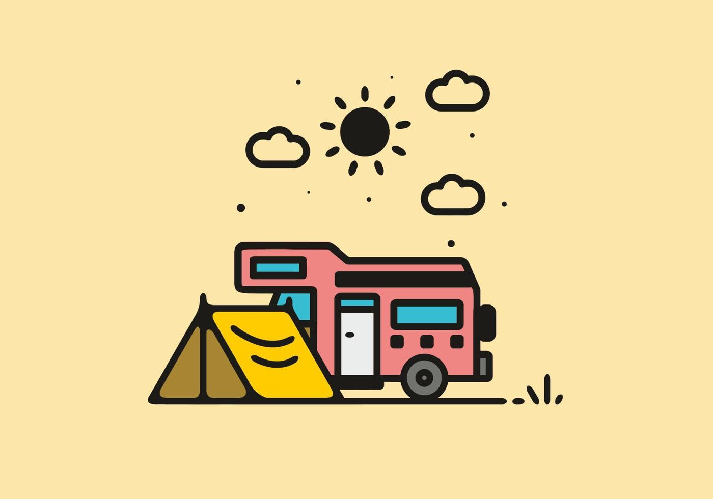 Camping with camper van line art illustration vector